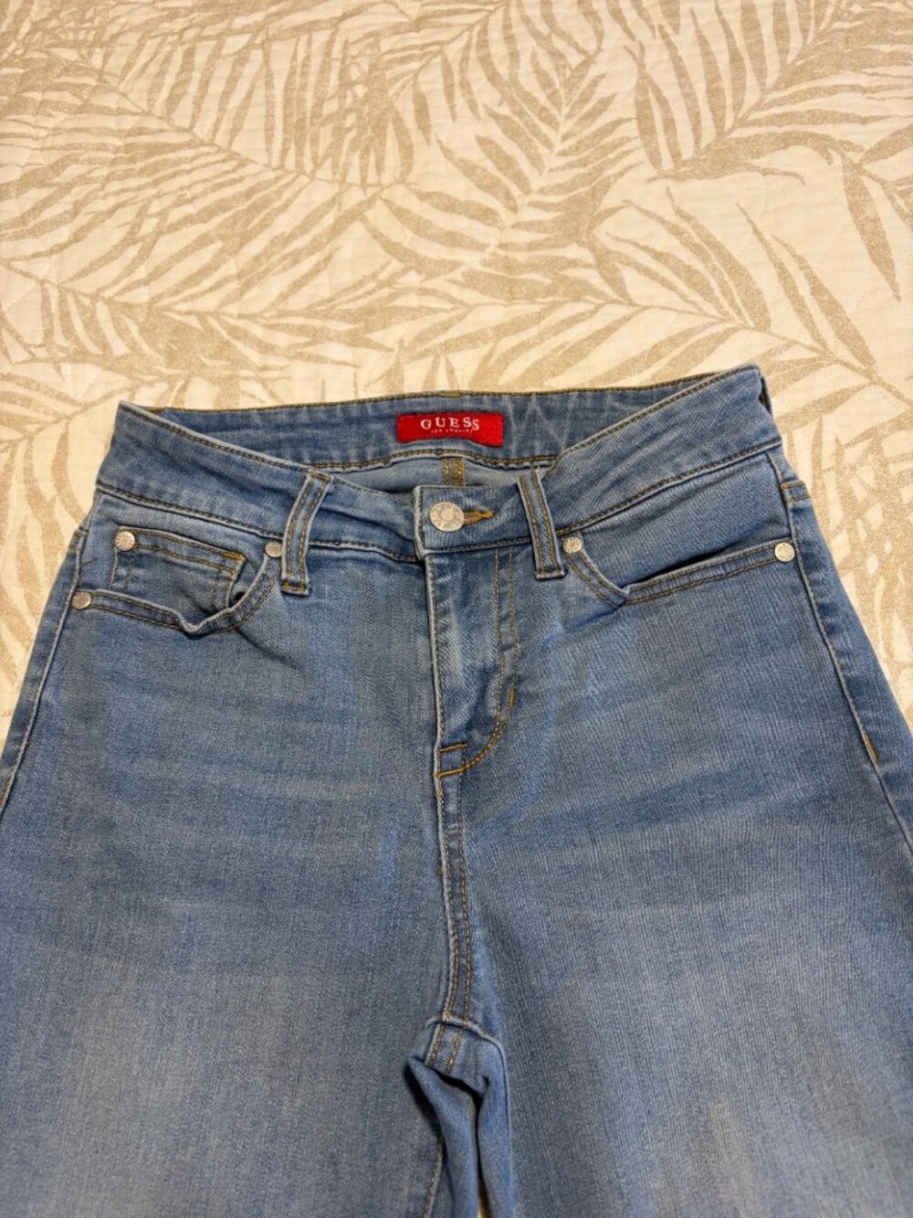Guess Light Wash Denim Jeans With Red Triangle Logo Patch Distressed